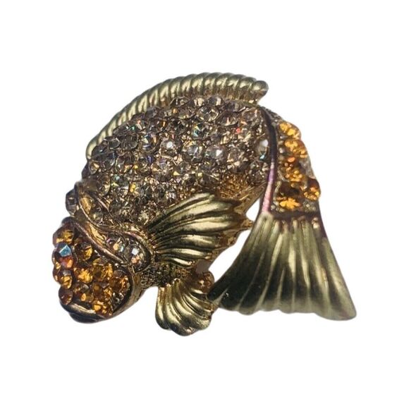 Crystal Japanese Koi Fish Brooch Pin 1.5” Gold Tone Whimsical Fish Vintage - Picture 11 of 16